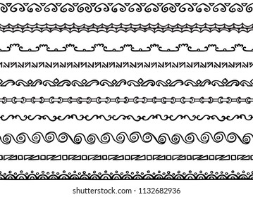 Set of ten illustrated decorative seamless borders made of hand drawn elements in black