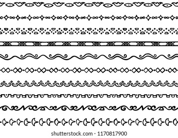 Set of ten illustrated decorative seamless borders made of hand drawn elements in black