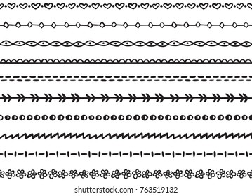 Set of ten illustrated decorative seamless borders made of hand drawn elements in black
