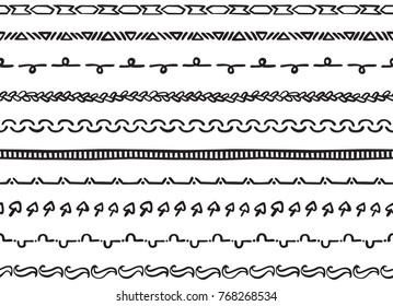 Set of ten illustrated decorative seamless borders made of hand drawn elements in black