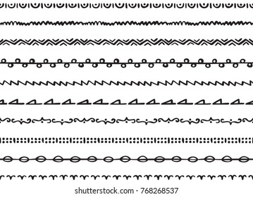 Set of ten illustrated decorative seamless borders made of hand drawn elements in black