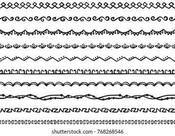 Set of ten illustrated decorative seamless borders made of hand drawn elements in black