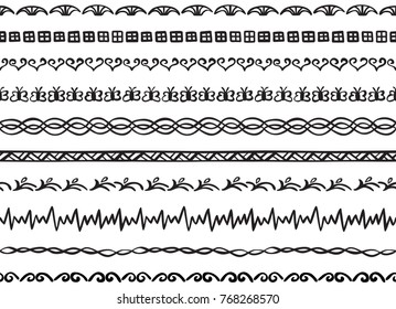 Set of ten illustrated decorative seamless borders made of hand drawn elements in black