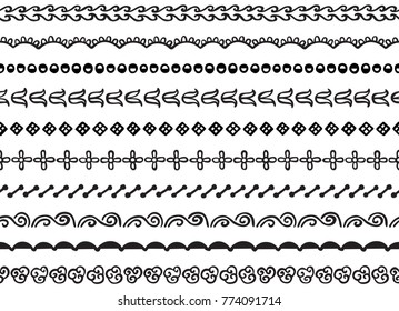 Set of ten illustrated decorative seamless borders made of hand drawn elements in black