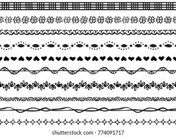 Set of ten illustrated decorative seamless borders made of hand drawn elements in black