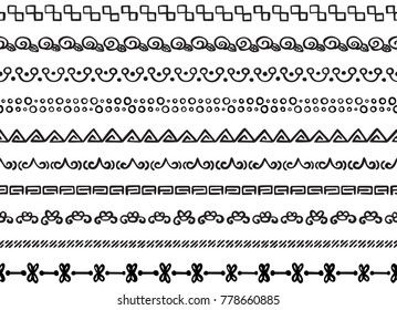 Set of ten illustrated decorative seamless borders made of hand drawn elements in black