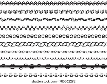 Set of ten illustrated decorative seamless borders made of hand drawn elements in black