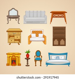 Set of ten illustrations home furnishings on a beige background.