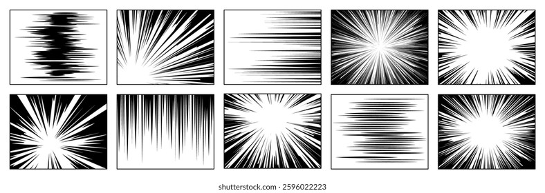 Set of ten images displaying dynamic speed lines typically used in comics to convey motion and impact. Each illustration features varying directions, thicknesses, and intensities of lines.