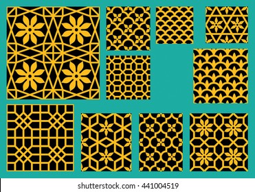 Set of Ten Indian Seamless Patterns. Traditional Islamic Design background. Yellow on Black. Mosque decoration element.
