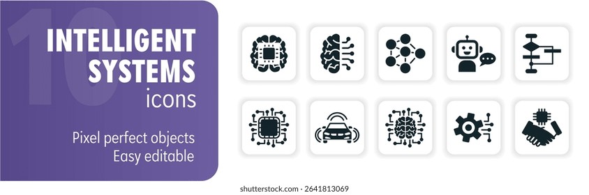 Set of ten intelligent systems solid icons representing concepts like artificial intelligence and machine learning