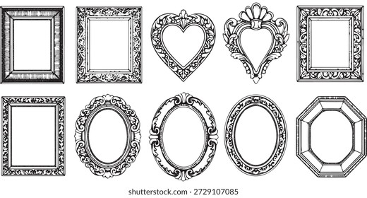 A set of ten intricately designed antique frames, including rectangular, oval, heart, and octagonal shapes, all in a detailed black and white illustration.