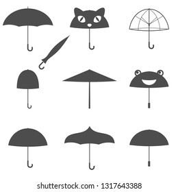 Set of ten isolated black and white umbrella silouette icons