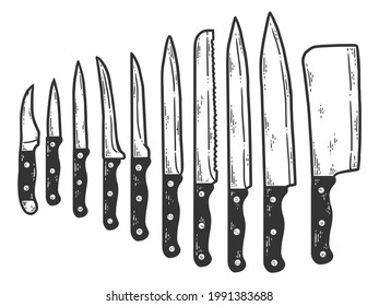 Set of ten knives. Sketch scratch board imitation color.