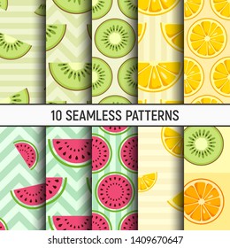 Set of ten lemon, orange, kiwi, watermelon slices seamless patterns. Cute style. Citrus fruits, Summer bright colors, juicy fresh backgrounds, design elements. Vector color illustrations.