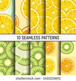 Set of ten lemon, orange, kiwi slices seamless patterns. Cute style. Citrus fruits, Summer bright colors, juicy fresh backgrounds, design elements. Tasty backgrounds. Vector color illustrations.