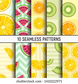 Set of ten lemon, orange, kiwi, watermelon slices seamless patterns. Cute style. Citrus fruits, Summer bright colors, juicy fresh backgrounds, design elements. Vector color illustrations.