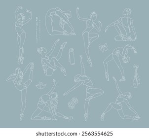 A set of ten line-art ballet poses and dance supplies with minimalist designs of beautiful ballerinas on a blue background