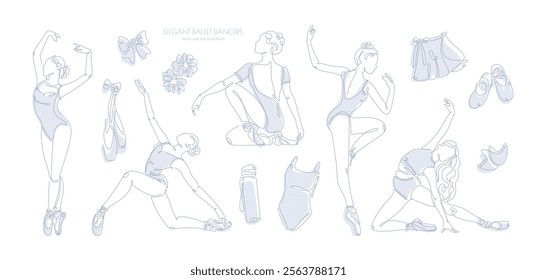 A set of ten line-art ballet poses and dance accessories, featuring minimalist designs of beautiful ballerinas in a blue palette on a white background