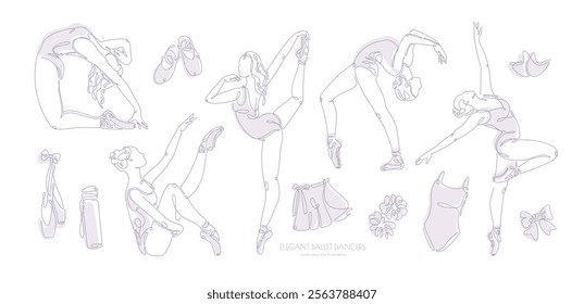 A set of ten line-art ballet poses and dance accessories, featuring minimalist designs of beautiful ballerinas in a pink palette on a white background