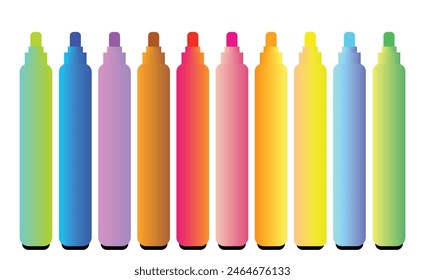 Set of Ten Marker Colors Isolated Downside up on white background. Editable Coloring clipart vector EPS available