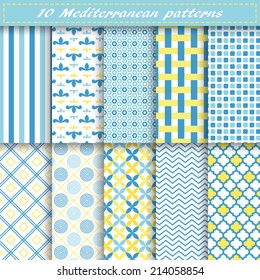 Set of ten mediterranean vector seamless patterns in yellow and blue colors. Endless texture can be used for web design, printing onto fabric and paper or scrapbooking. Swatches included