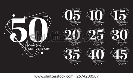 Set of ten modern anniversary logos featuring numbers 5, 10, 15, 20, 25, 30, 35, 40, 45 and 50, ideal for branding, websites and marketing materials. Clean, elegant design.