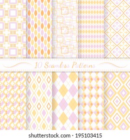 Set of ten modern argyle seamless patterns. Orange, violet, yellow soft  colors. Swatches of seamless patterns included in the file. 