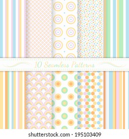 Set of ten modern polka dot, strips, mosaic seamless patterns. Soft  colors. Swatches of seamless patterns included in the file. 
