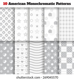 Set of ten monochromatic American seamless patterns with stars, strips, flags and hearts