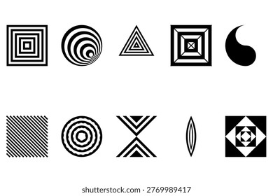 A set of ten monochrome geometric designs featuring concentric squares, circles, triangles, and striped patterns representing op art and illusions.