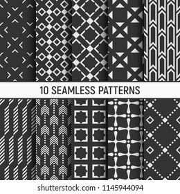 Set of ten monochrome seamless patterns. Abstract geometrical trendy vector backgrounds. Fashion design. Modern stylish textures with rhombuses, arrows, repeating symmetric geometric shapes.
