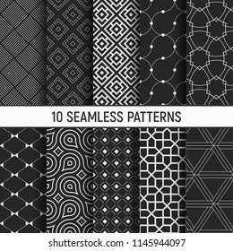 Set of ten monochrome seamless patterns. Abstract geometrical trendy vector backgrounds. Fashion design. Modern stylish textures with rhombuses, smooth lines, triangles, symmetric geometric shapes.