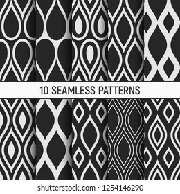 Set of ten monochrome seamless patterns. Abstract trendy vector backgrounds. Fashion design. Modern stylish textures.  Repeating geometric tiles, drops. For print, fabric, cloth, textile, decoration.