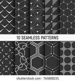 Set of ten monochrome seamless patterns. Abstract geometrical trendy vector backgrounds. Fashion design. Modern stylish textures with triangles, dots, stripes, lines, hexagons, smooth lines.