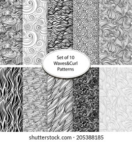 Set of ten monochrome seamless waves and curls backgrounds 