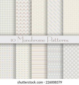 Conjunto de diez modelos monocromáticos vectoriales sin fisuras en colores pastel. La textura sin fin se puede utilizar para el diseño web, la impresión en tela y papel o la reserva de rayas. Muestras incluidas