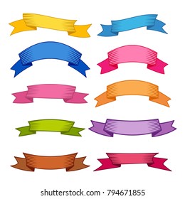 Set of ten multicolor ribbons and banners for web design. Great design element isolated on white background. Vector illustration.