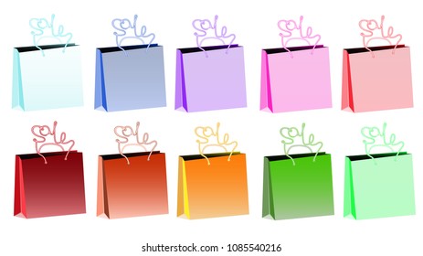 Set of ten multicolored gradient realistic bulk paper bags for shopping with pens in the form of an inscription sale on a white background and copy space. Vector illustration