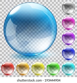 Set of ten multicolored transparent glass spheres with shadowson checkered background