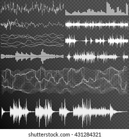 Set of Ten Music sound waves on transparent background. Waveform. Audio equalizer. EPS 10 vector file included