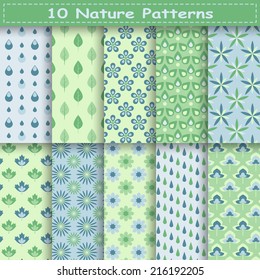 Set of ten nature vector seamless patterns. Endless texture can be used for web design, printing onto fabric and paper or scrapbooking. Swatches included 
