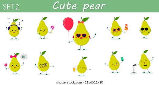 A set of ten nice green pear characters in different poses and accessories in cartoon style. Vector illustration, a flat design.