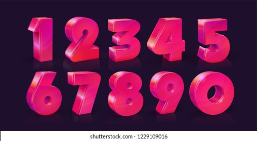 Set of ten numbers form zero to nine, Vivid neon pink on dark background. Vector illustration