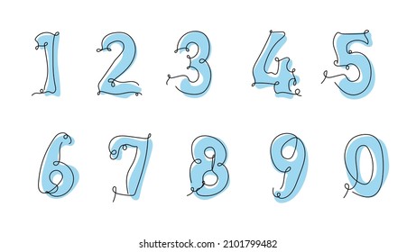 Set of ten numbers form zero to nine in line art style. One continuous line drawing. Vector illustration