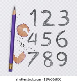 Set of ten numbers from one to nine, numbers drawn with pencil, vector illustration