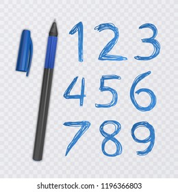 Set of ten numbers from one to nine, numbers drawn with blue pen, vector illustration