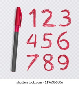 Set of ten numbers from one to nine, numbers drawn with red pen, vector illustration
