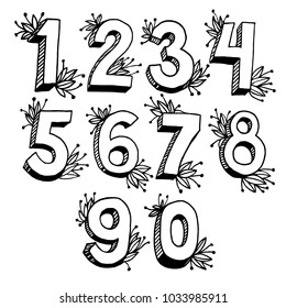 set of ten numbers from zero to nine, spring number design, black on white background