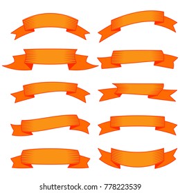 Set of ten orange ribbons and banners for web design. Great design element isolated on white background. Vector illustration.
